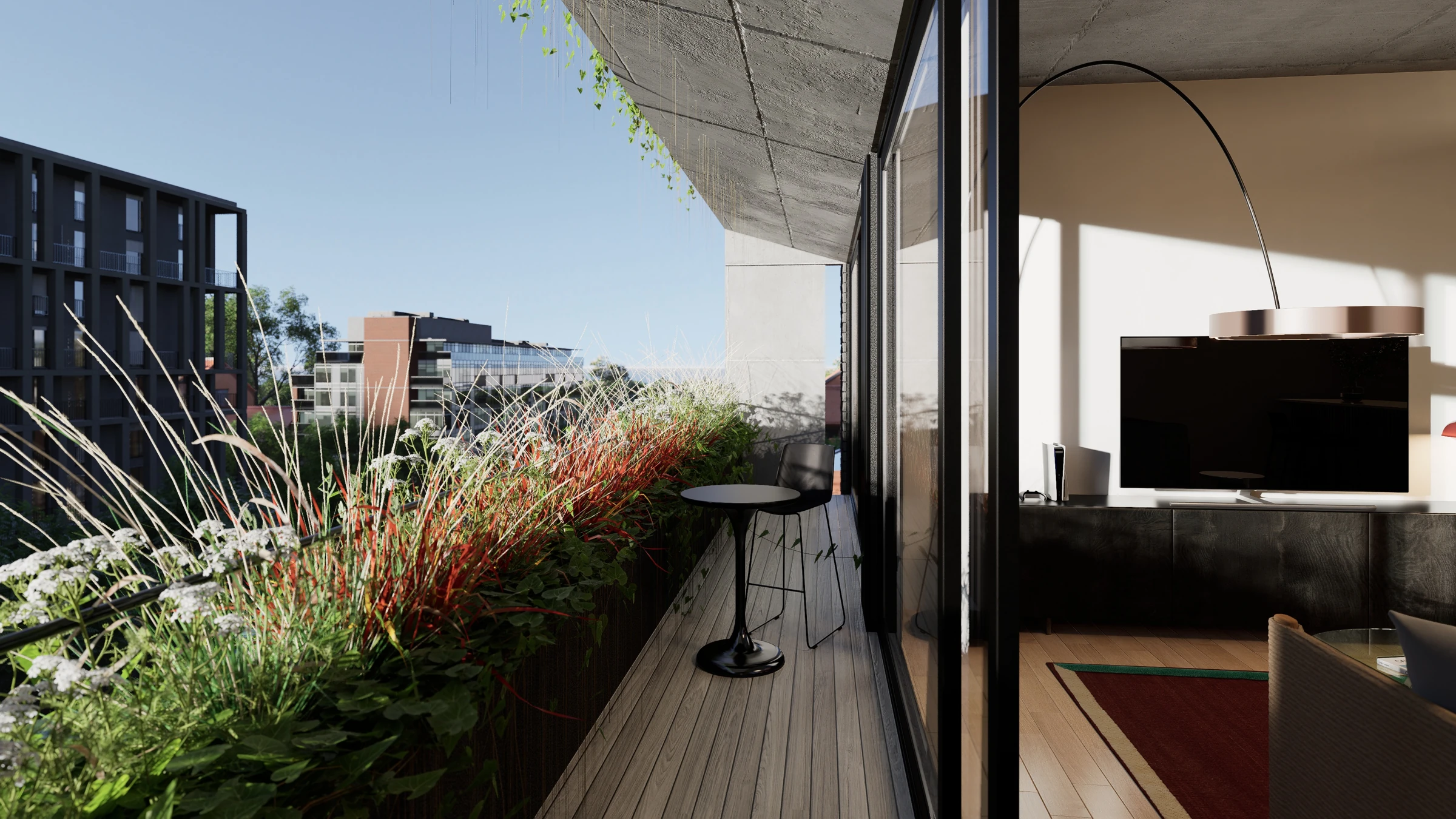 Render de Elevia Río: Balcón con canteros junto al estar