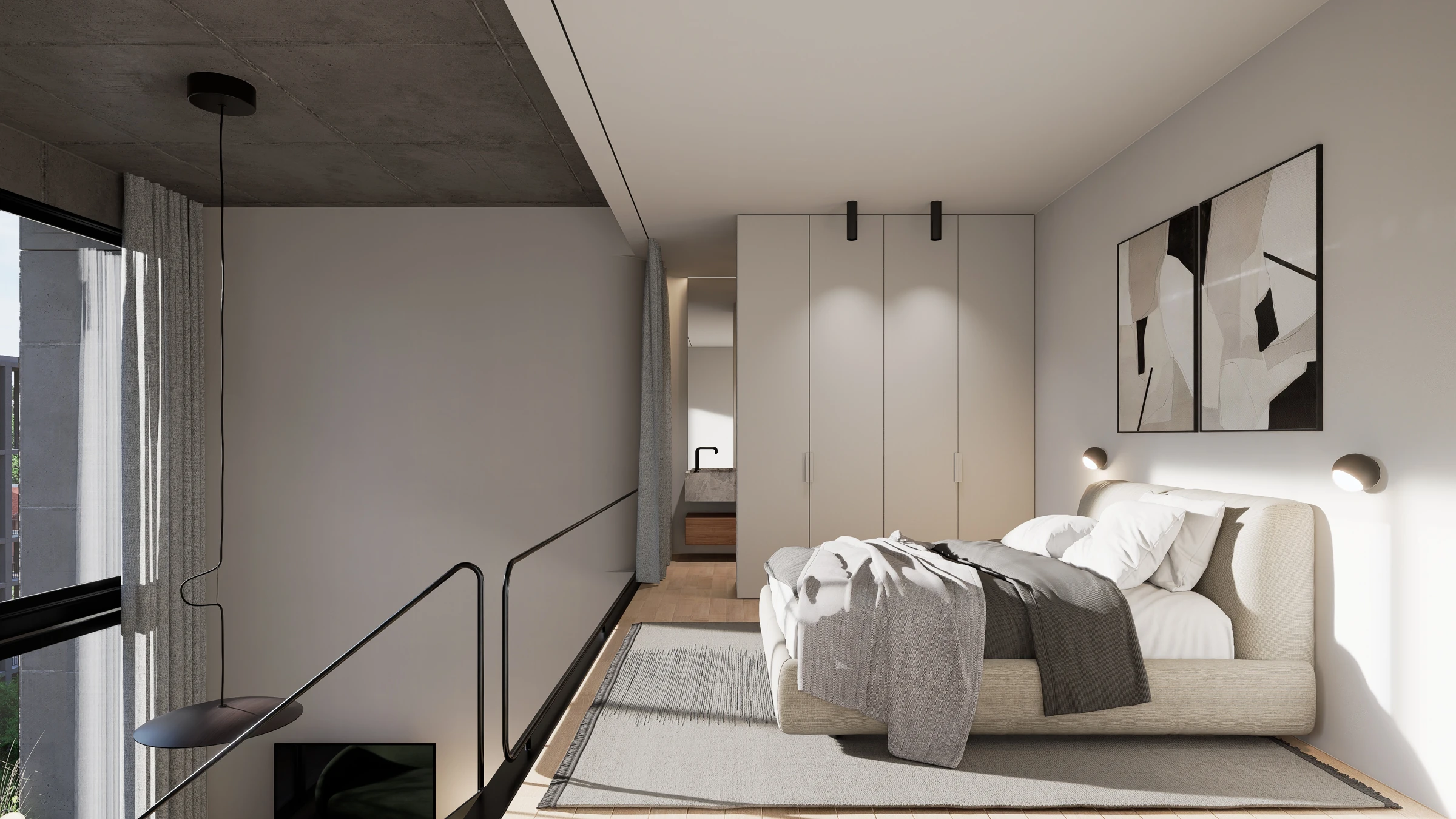 Render de Elevia Río: Dormitorio en el nivel superior del dúplex