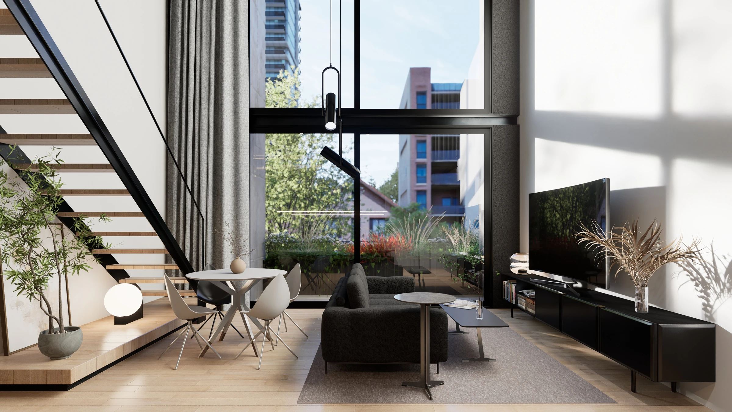 Render de Elevia Río: Estar en doble altura con escalera y grandes paños vidriados