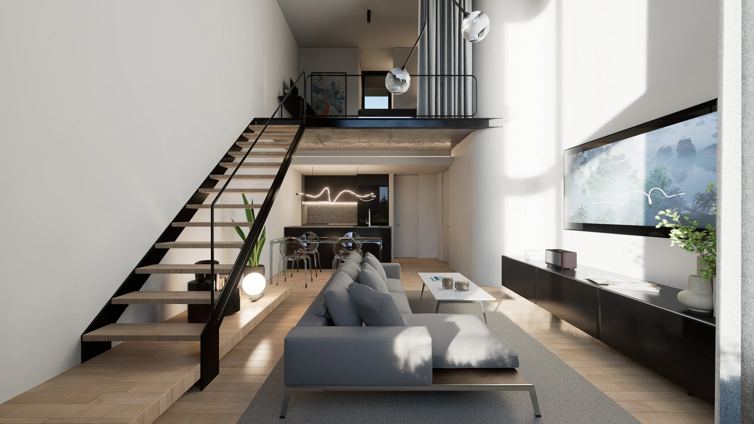 Render de Elevia Río: Estar y escalera del dúplex con dormitorio en el entrepiso