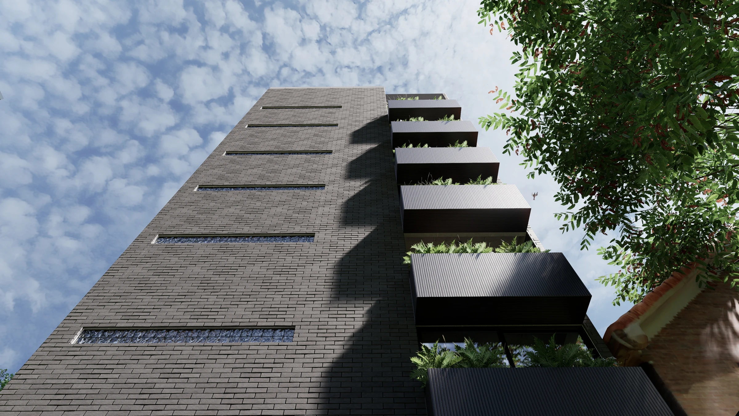 Render de Elevia Río: Vista en contrapicado del contrafrente con ladrillo gris y balcones