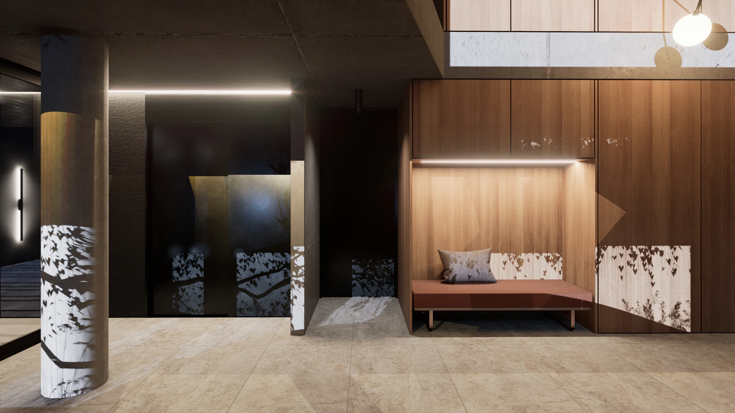 Render de Elevia Río: Hall de acceso con revestimiento de madera y banco