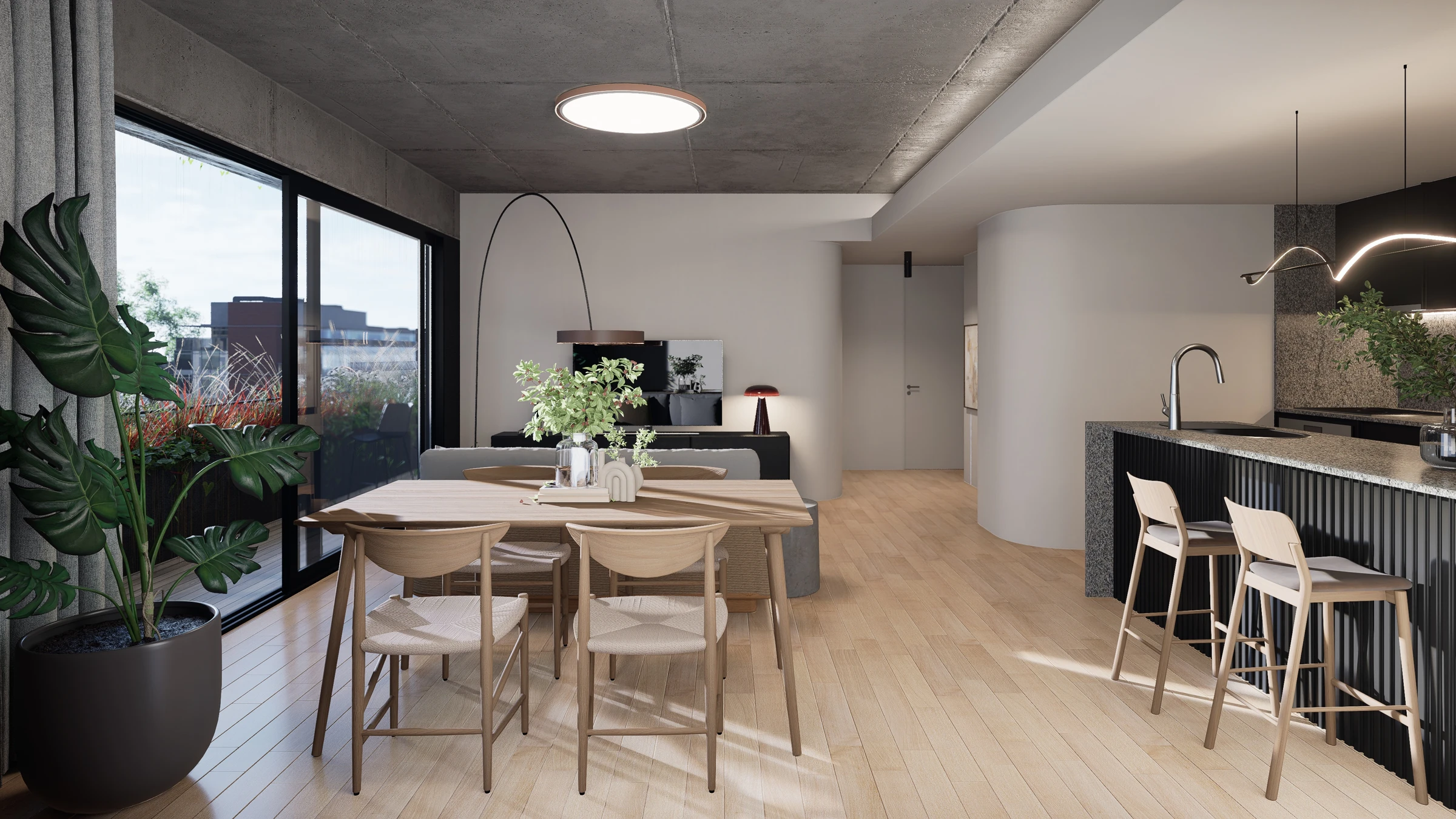 Render de Elevia Río: Cocina y comedor integrados junto al balcón