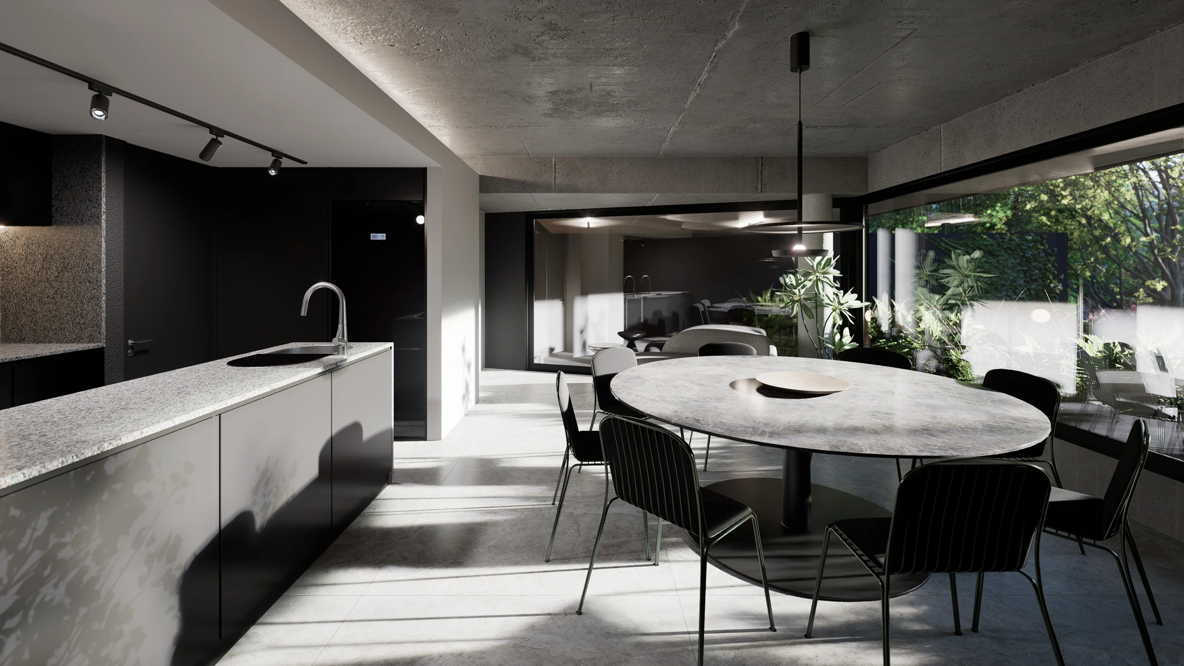 Render de Elevia Río: Salón de usos múltiples con mesa, cocina y parrilla