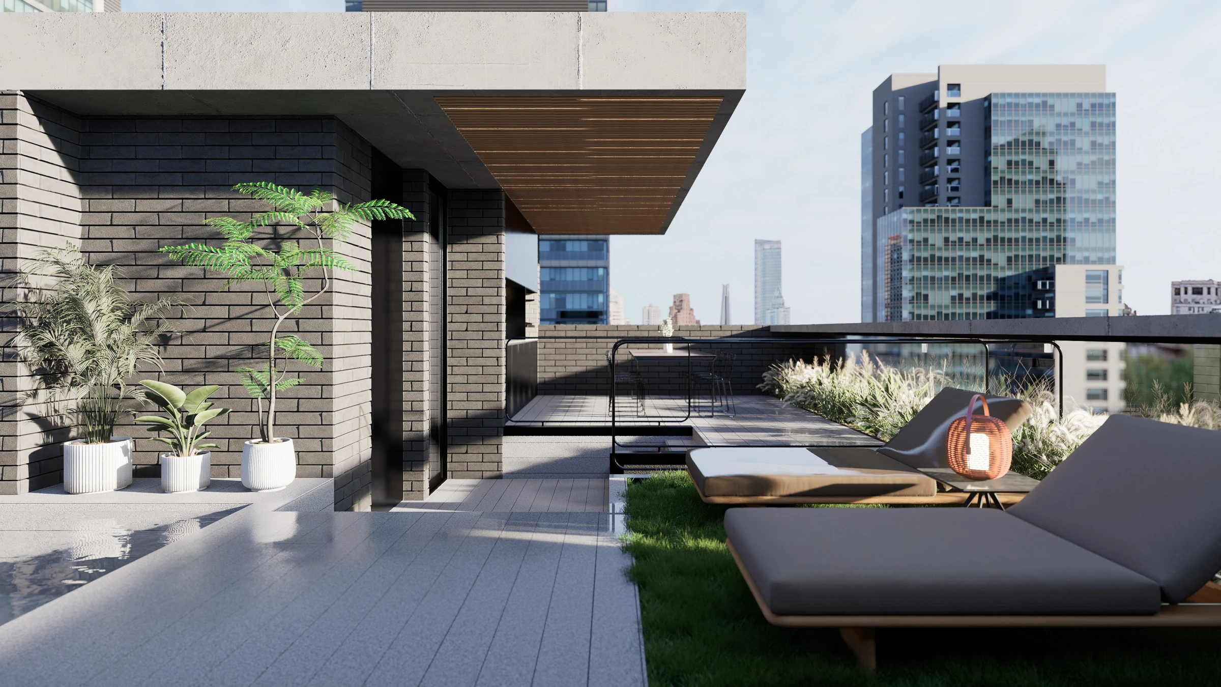Render de Elevia Río: Terraza privada con reposeras y expansión al exterior