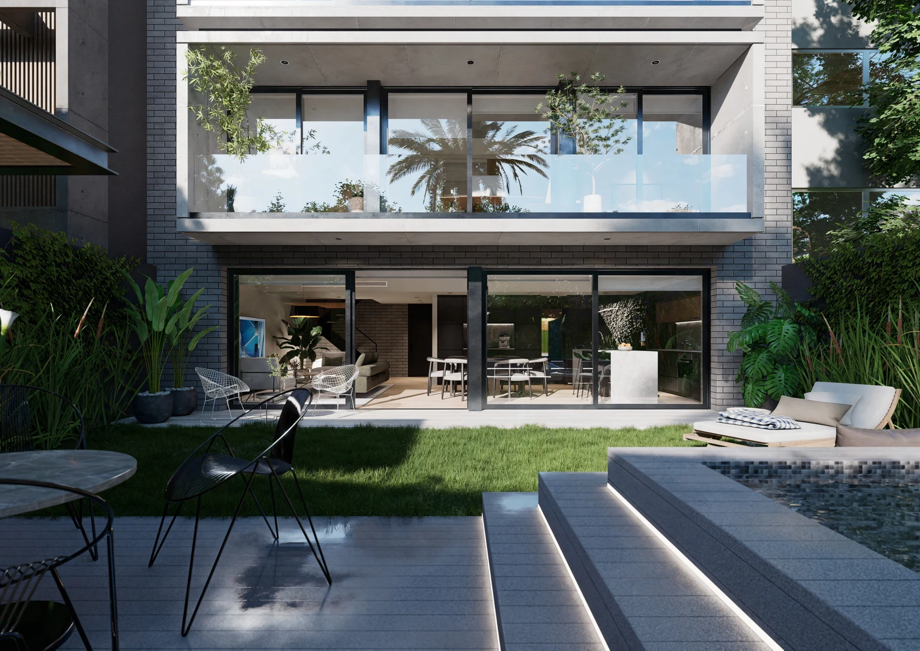 Render del jardín privado de la unidad A, con galería y pileta
